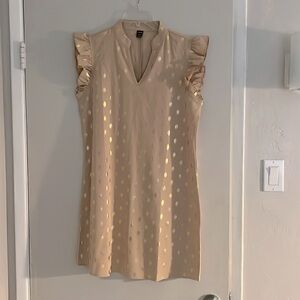 SHEIN tan and gold dress, v-neck ruffle sleeve size M